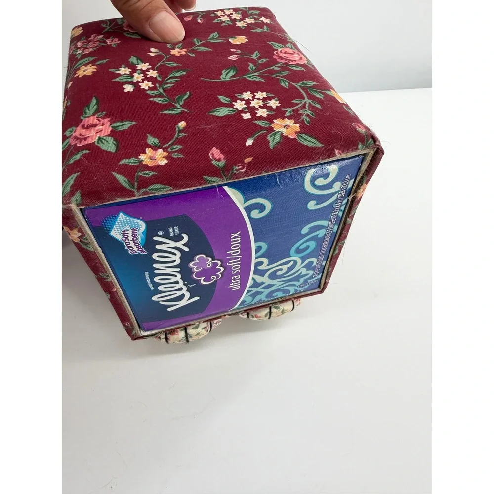 Cat Wastebasket Tissue Box Set Burgundy Fabric Floral 3D Padded Kitten Vintage